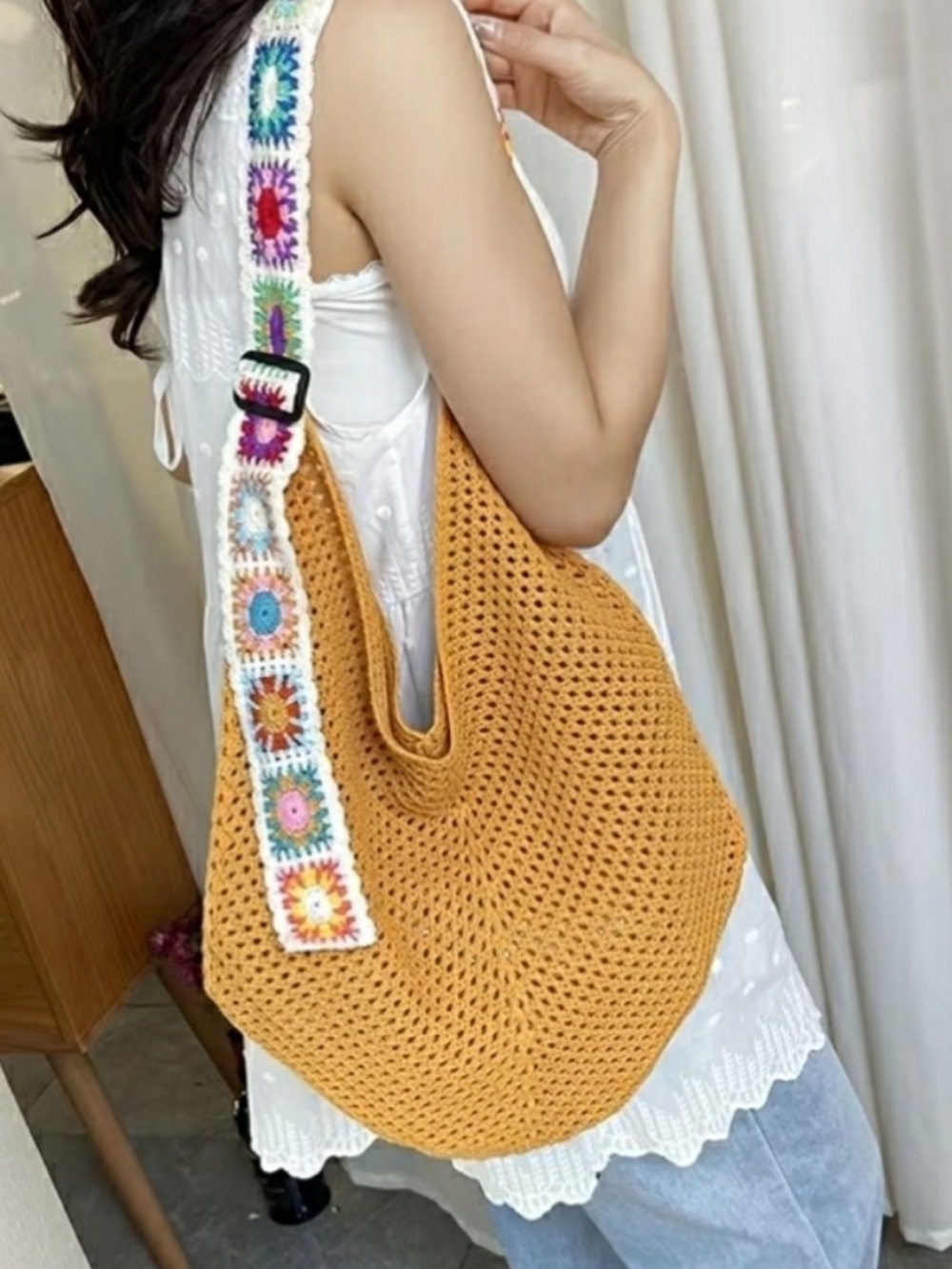Woven Yellow Crochet Hobo Bag - Picture 4 of 4